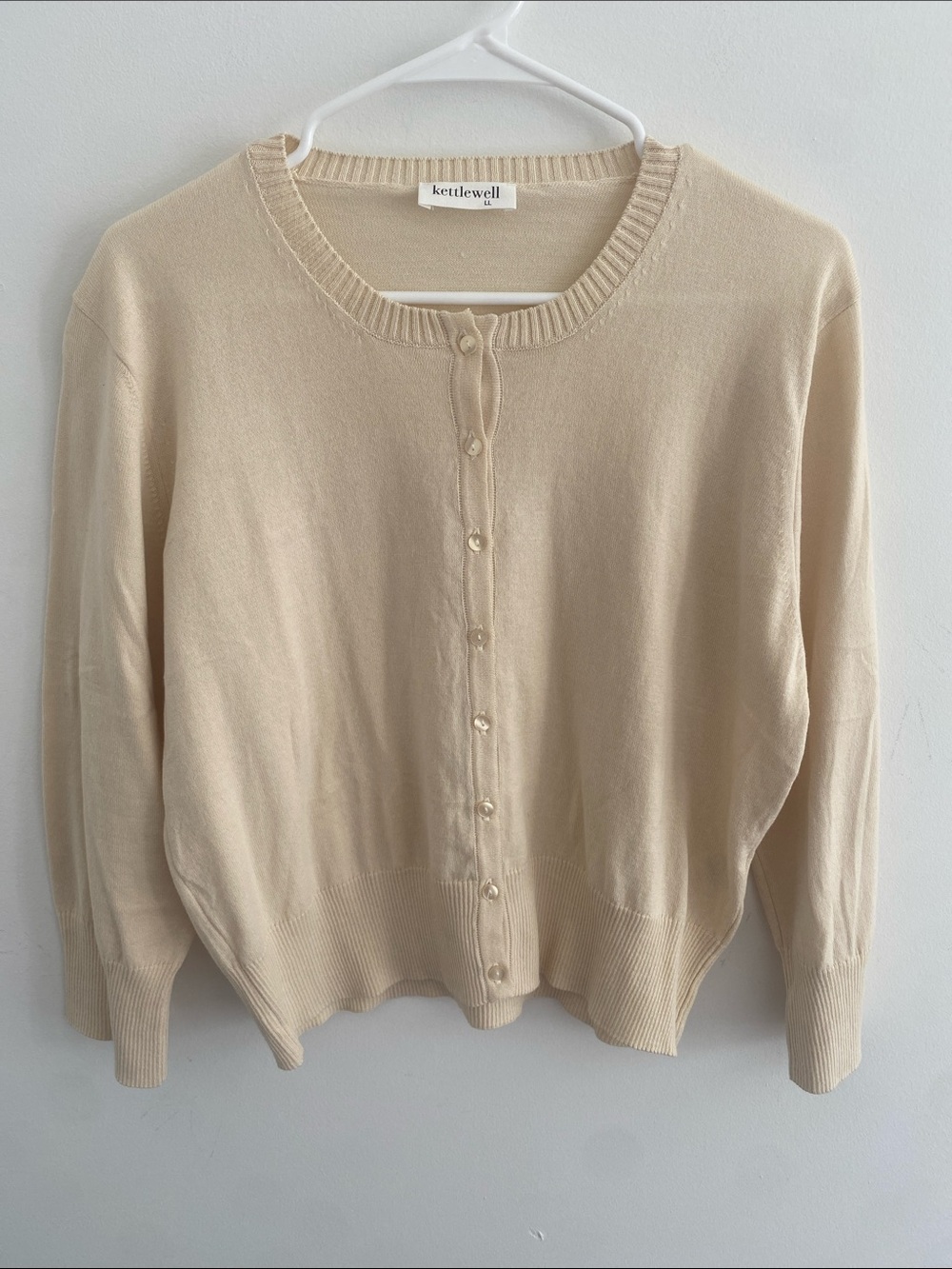 Kettlewell Fine Gauge Lightweight Crew Cotton Neutral Cardigan Cream Size 12